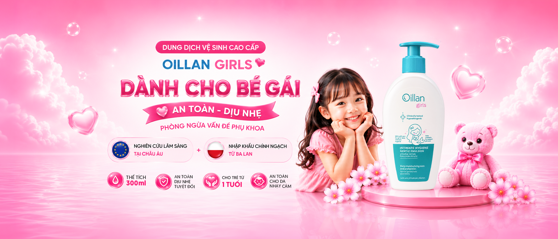 DUNG DỊCH VỆ SINH CAO CẤP DÀNH CHO BÉ GÁI OILLAN GIRLS 300ML