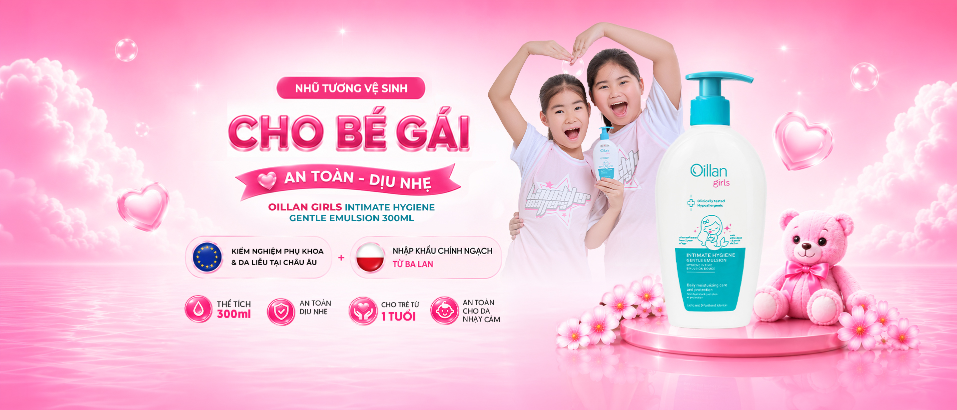 NHŨ TƯƠNG VỆ SINH BÉ GÁI DỊU NHẸ OILLAN GIRLS INTIMATE HYGIENE GENTLE EMULSION 300ML